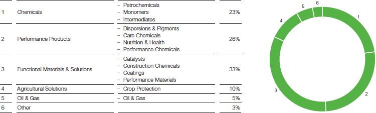 BASF structure – Percentage of total sales in 2016 (pie chart)