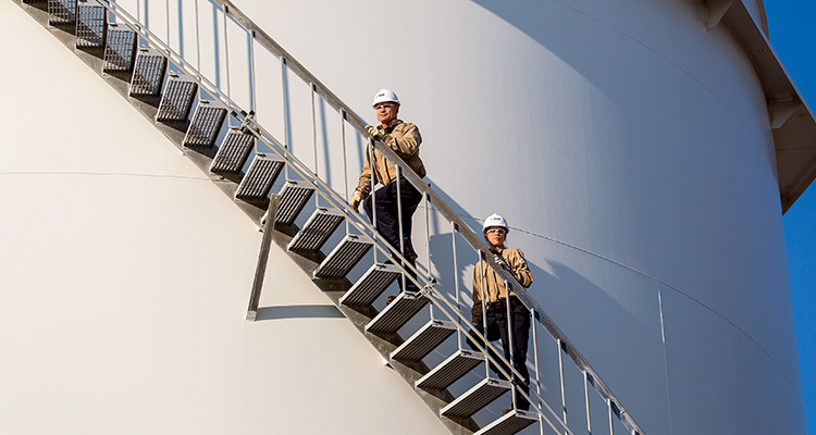 Two BASF employees with helmets walk up steps along a huge silo (Photo)